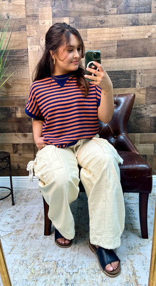 Navy & Mauve Stripe Cloudy Knit Colorblock Short Slv Top