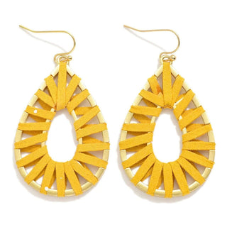 Mustard leather wrap teardrop earrings with gold accents, perfect for a chic and stylish accessory statement.