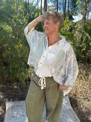 POL Gypsy Belle Blue Short Sleeve Oversized Button Down Top