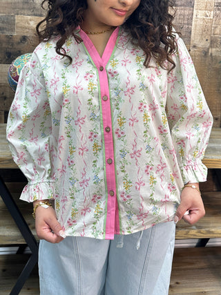 Alternate view of Easel Pink Ribbon Coquette Floral Ruffle Collar Top
