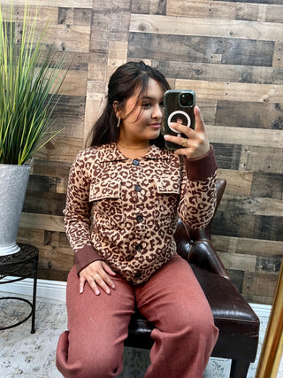 Listicle Mocha Leopard Button Up Jacket Top