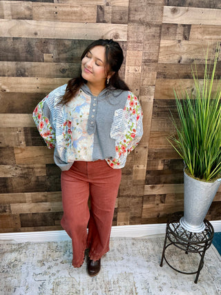 POL Heather Gray Half Placket Mixed Fabric Boxy Top Oversized