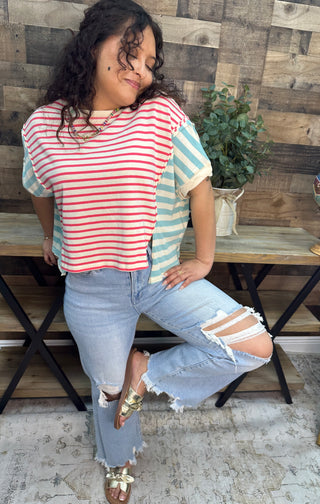 Peach Love Coral & Mint Stripe Color Block Top