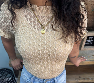 Easel NATURAL Textured Mesh Short Sleeve Layering Top