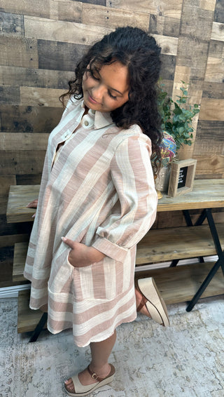 Alternate view of Like Love Oatmeal & Taupe Stripe Linen Look 3/4 Sleeve Dress
