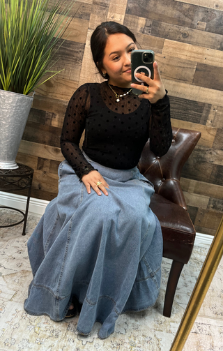 Washed Denim Favorite Flair Midi Skirt w/ Contrast Stitch