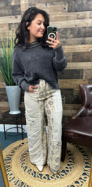 Davi & Dani Natural & Grey Mixed Fabric Denim Pants w/ Patch Details