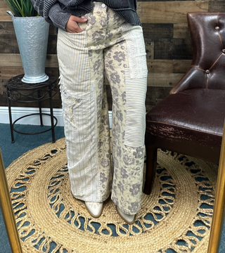 Davi & Dani Natural & Grey Mixed Fabric Denim Pants w/ Patch Details