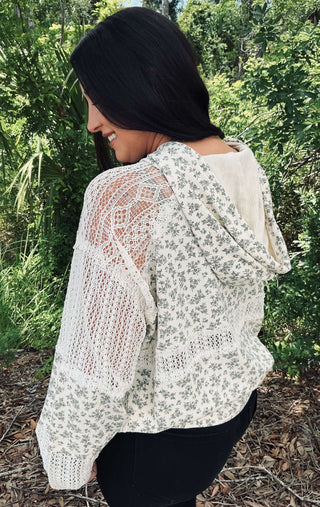 POL cream & gray floral star patch hoodie with crochet detail – stylish, cozy women's top for a trendy, casual look.