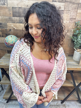 POL IVORY & PINK 3/4 Slv Cardigan Granny Square Crochet Sweater Top