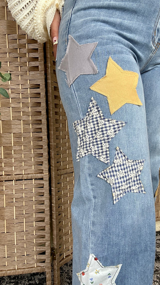 Alternate view of Easel Gold Star Washed Denim Patchwork Pants
