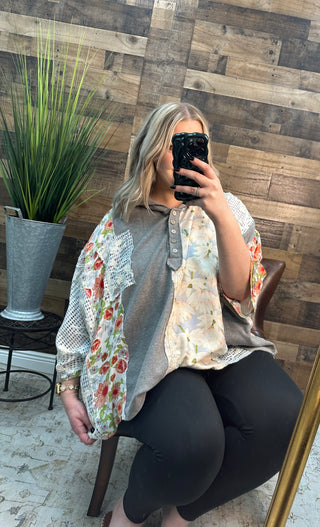 POL Heather Gray Half Placket Mixed Fabric Boxy Top Oversized