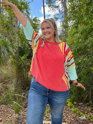 Alternate view of Easel RED Mineral Wash 3/4 Slv Multi Stripe Top
