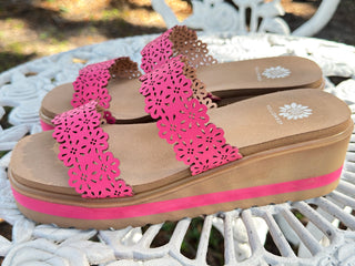 Alternate view of Yellowbox Airy Fuchsia Scalloped Edge Wedge Sandals
