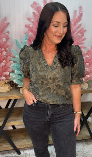 Charcoal Ruffled VNeck Floral Burn Out Top