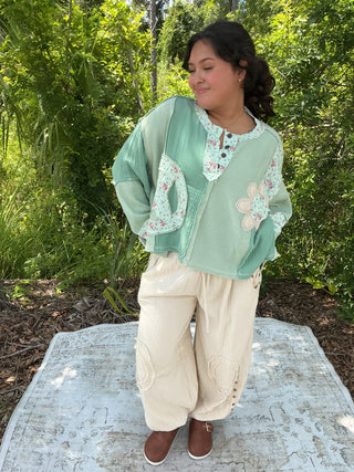 POL Mint Peace Floral Patch Top