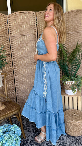 POL Be Her Denim & Pearl Boho Dress
