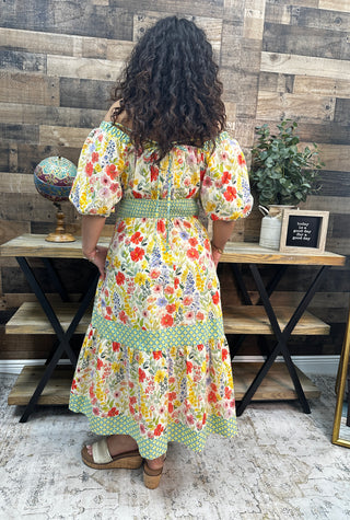 Alternate view of Jodifl Butter Yellow Floral Green Trim Peasant Midi Dress
