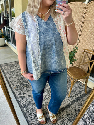 Alternate view of POL Hopelessly Devoted Chambray Patchwork Top
