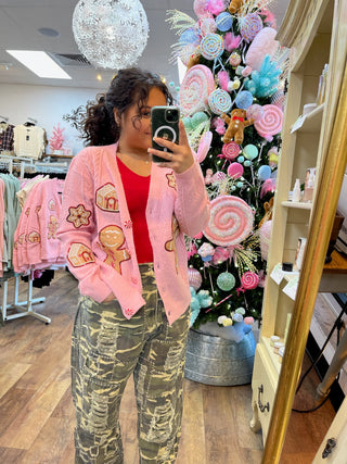 Pink Cable Knit Gingerbread Cardigan Top