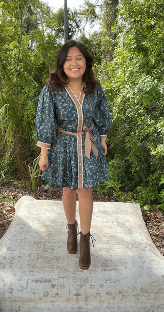 Entro Blue Floral Taupe Accent Belted Dress