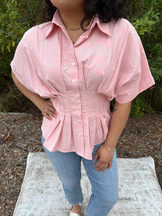 Oddi Coral Stripe Peplum Collar Top