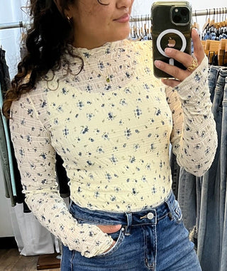 Ivory Ditsy Blue Floral Print Long Slv Layering Top