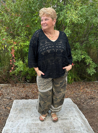 POL BLACK Crochet Short Sleeve Scalloped Edge Top