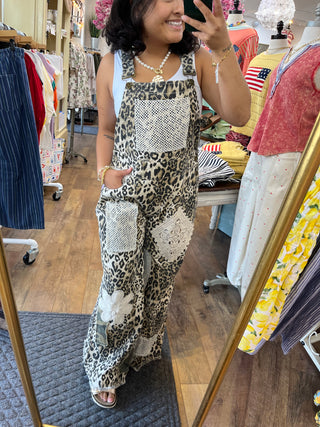 Alternate view of POL Leopard Crochet Patchwork Wide Leg Overalls
