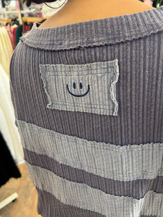 Oli & Hali Blue Mineral Wash Mixed Fabric Long Sleeve Top