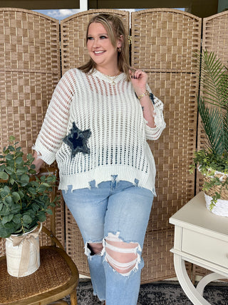 Alternate view of Star Spangled White Open Weave Top OVERSIZED
