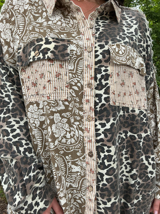 Oli & Hali Washed Leopard Paisley Button Down Shacket Top