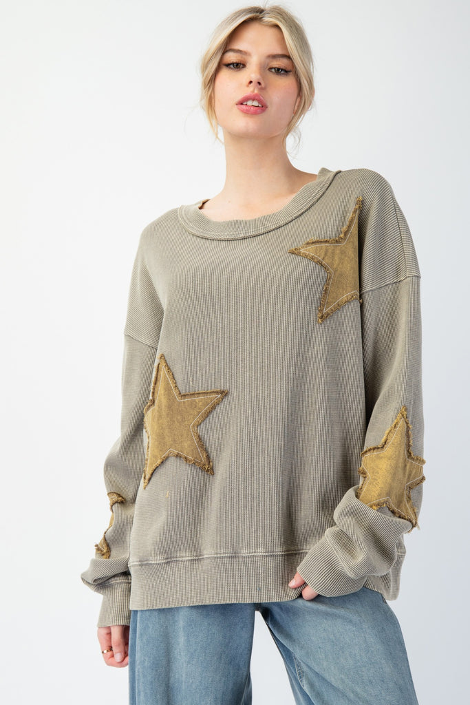 Easel Faded Olive Star Sweatshirt Top - The Gypsy Belle Boutique