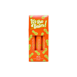 Orange lip balm trio set with mango pattern design and SPF 15 protection.
