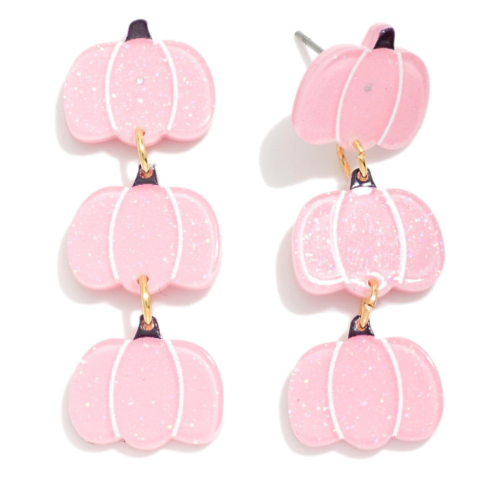 Pink Glitter Stack of Pumpkins Earrings - The Gypsy Belle Boutique