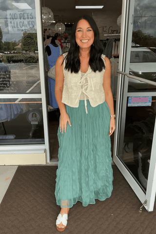 Elegant jade green ruffled plisse maxi skirt by Listicle, perfect for adding a touch of sophistication to your wardrobe.