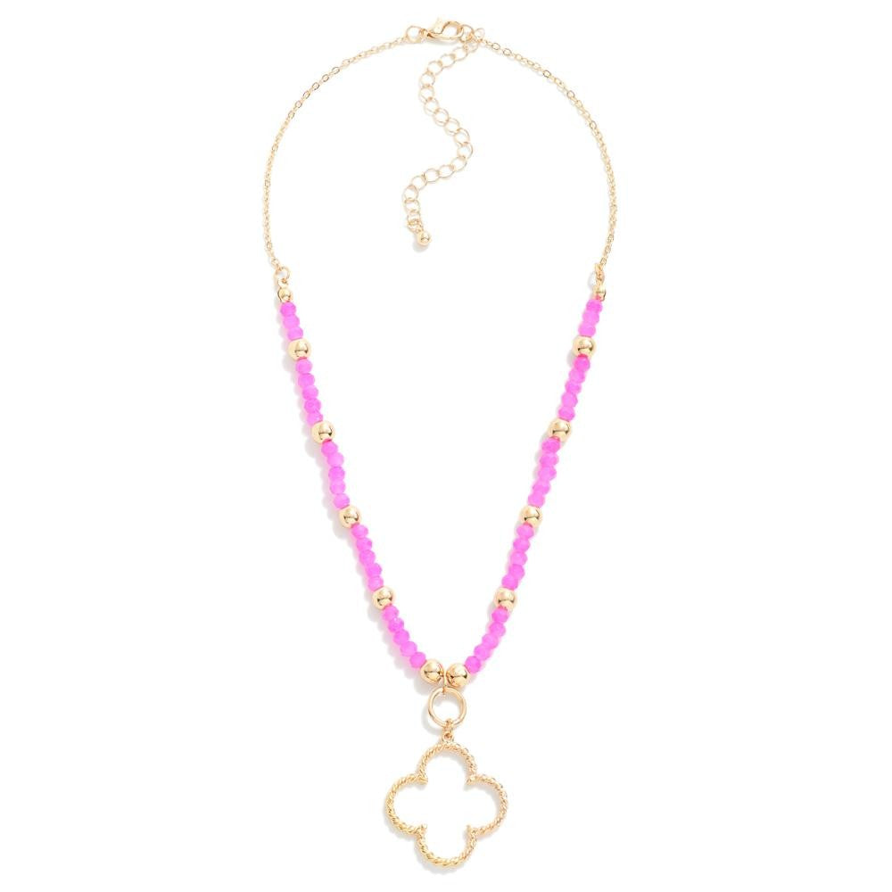 Hot Pink Beaded Clover Pendant Necklace - The Gypsy Belle Boutique