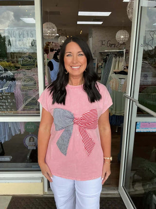 Pink Mineral Wash Americana Bow Top by J Her - FINAL SALE. Perfect for stylish, casual wear. Limited stock available!