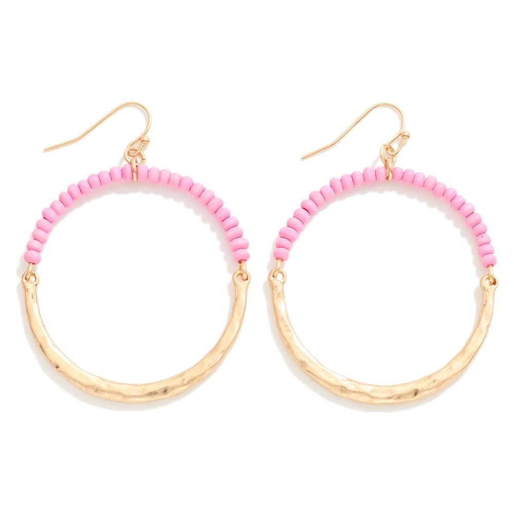 Pink Wood Bead & Gold Hammered Hoop Drop Earrings - The Gypsy Belle Boutique