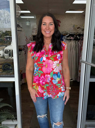 Red floral ruffle sleeve top, "Dear Scarlett" FINAL SALE, stylish and elegant clothing, perfect for vibrant outfits.