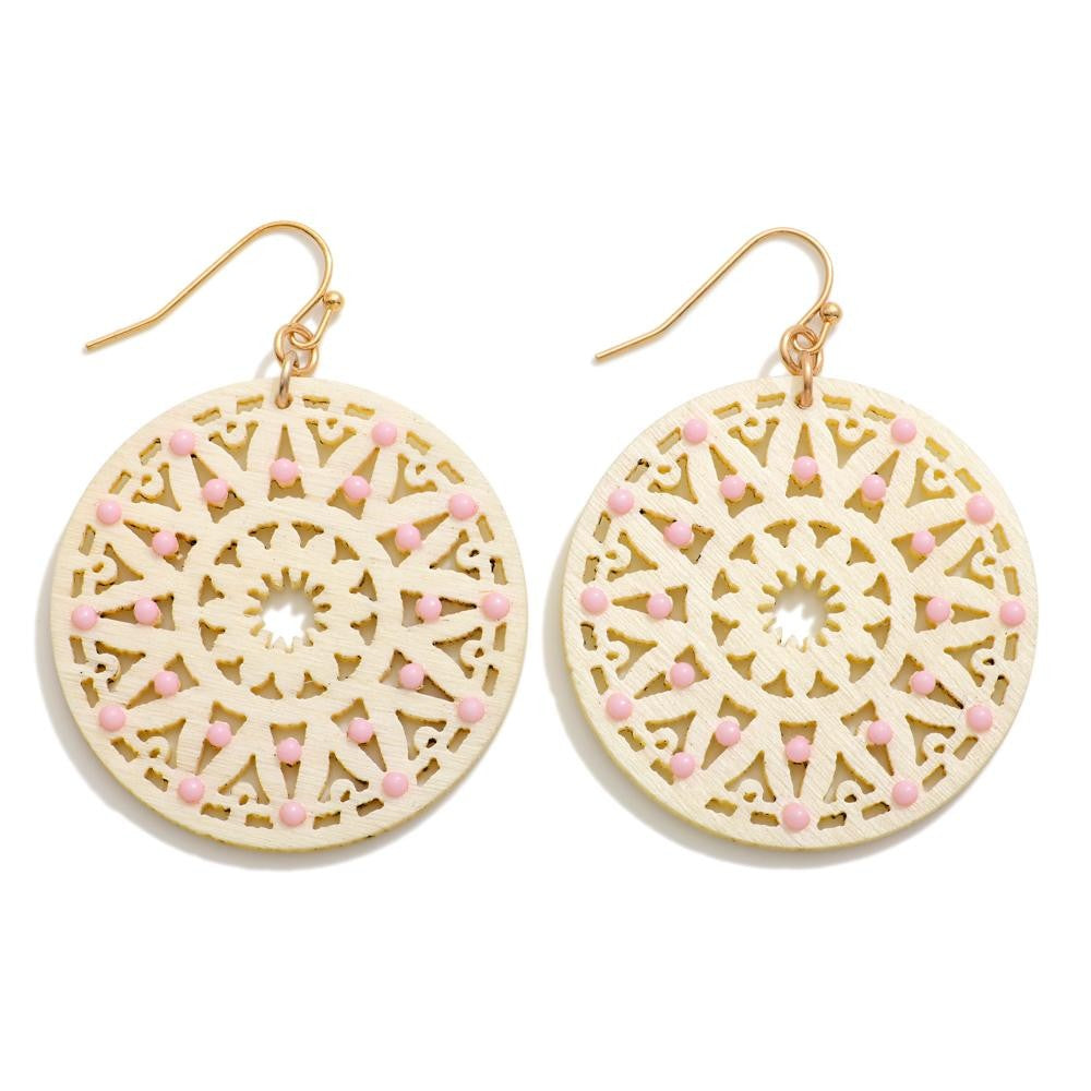 White Wood Mandala with Pink Bead Earrings - The Gypsy Belle Boutique