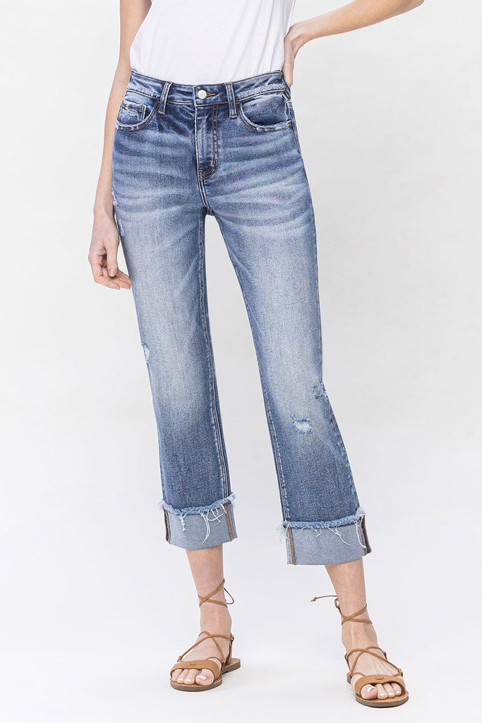 Lovervet - LV1160 Straight Leg Cuffed Non-Distressed Jeans - The Gypsy Belle Boutique