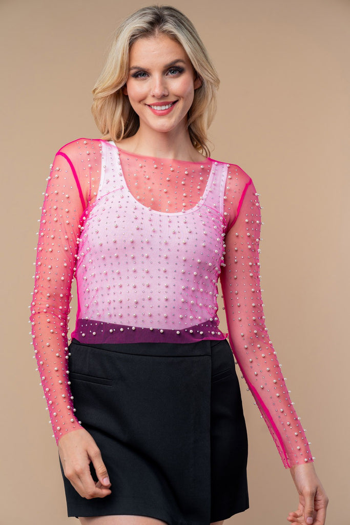 Pearl Beaded Pink Mesh Top - The Gypsy Belle Boutique