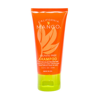 Bright orange tube of California Mango sulfate-free shampoo with green base, 2.2 fl oz size.
