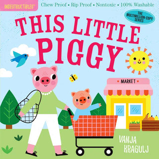 Pink pig character wearing green shirt with shopping cart, holding smaller pig, market storefront with yellow awning and sun
