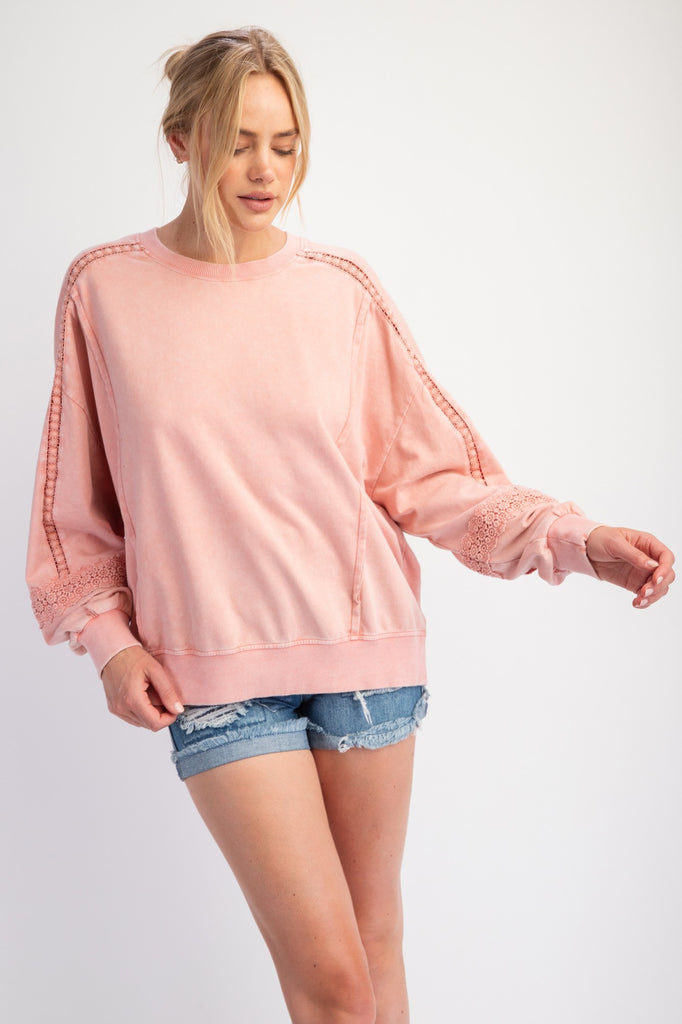 Easel Dusty Pink Mineral Wash Crochet Lace Knit Top - The Gypsy Belle Boutique