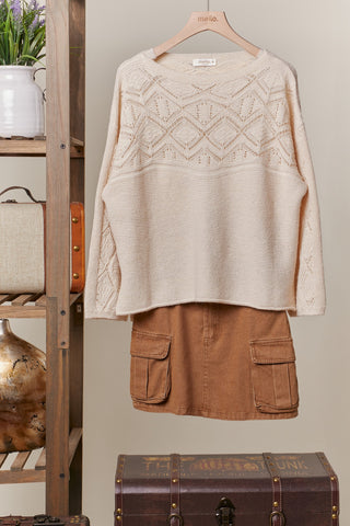 Mello Cream Diamond Weave Long Sleeve Sweater Top