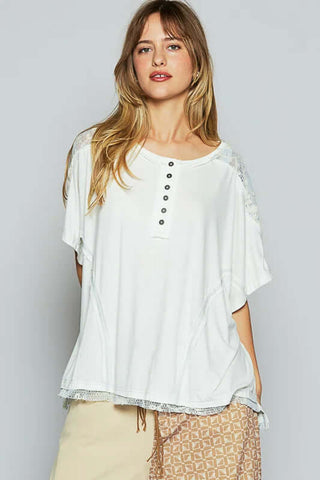Lace Shoulder Button Front Top by POL in various colors, featuring a stylish and elegant design. Great for versatile styling!
