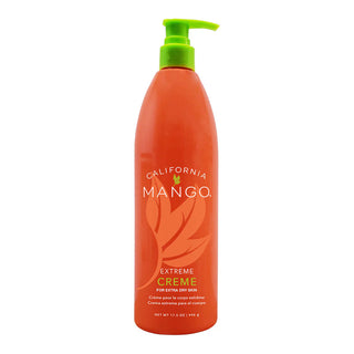 Orange bottle of California Mango Extreme Creme with green pump dispenser.
