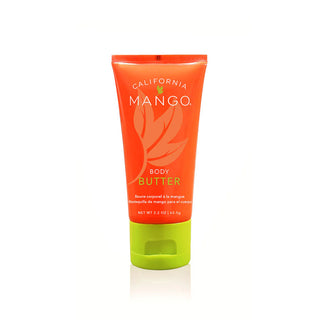 California Mango body butter tube with vibrant orange upper label and lime green lower base.

